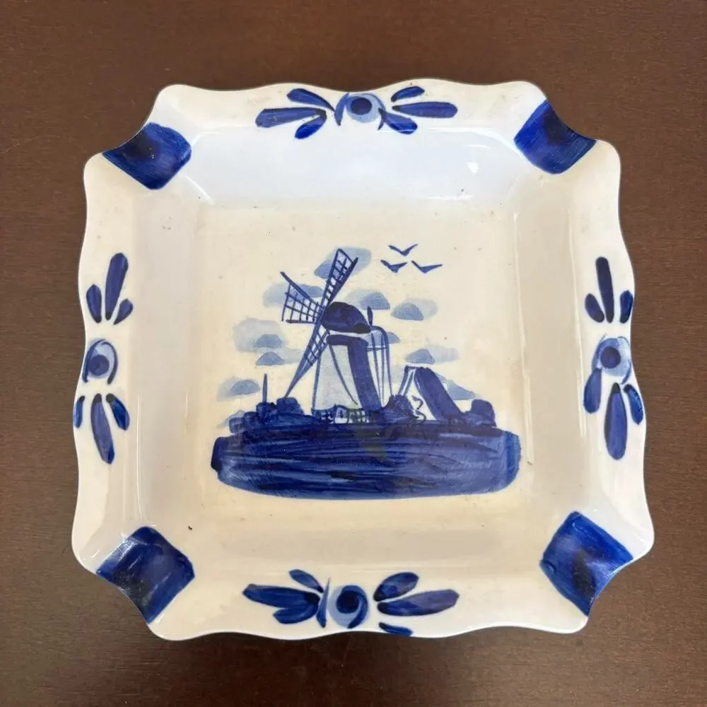 Vintage Delft Blue Hand Painted Windmill Square Ashtray Trinket Dish Holland